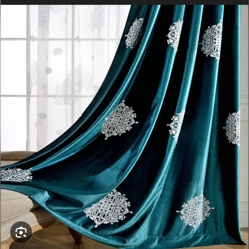 Teal Velvet Drapes with White Embroidered Medallions One Panel With Pull